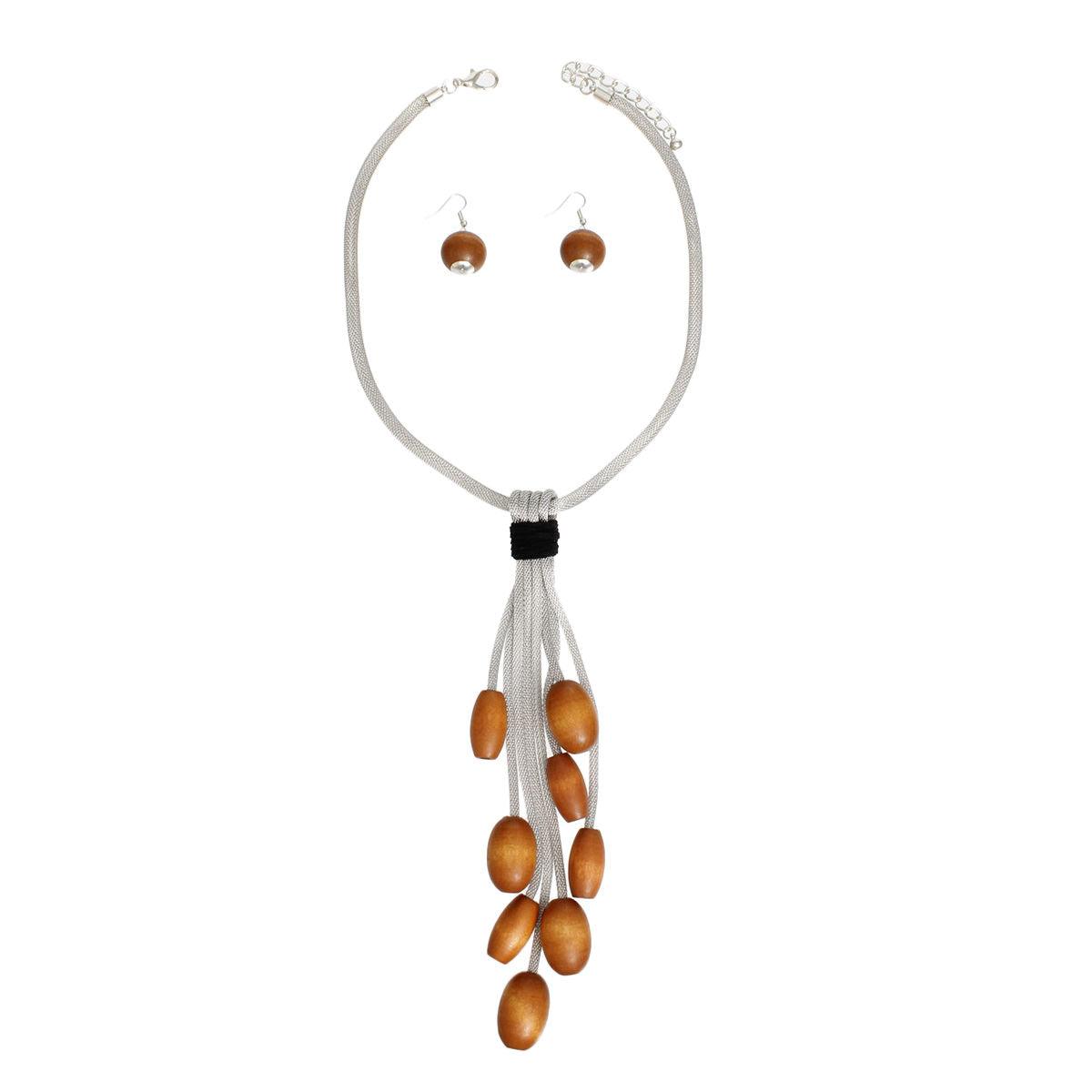 Tassel Silver Mesh Brown Wooden Bead Necklace