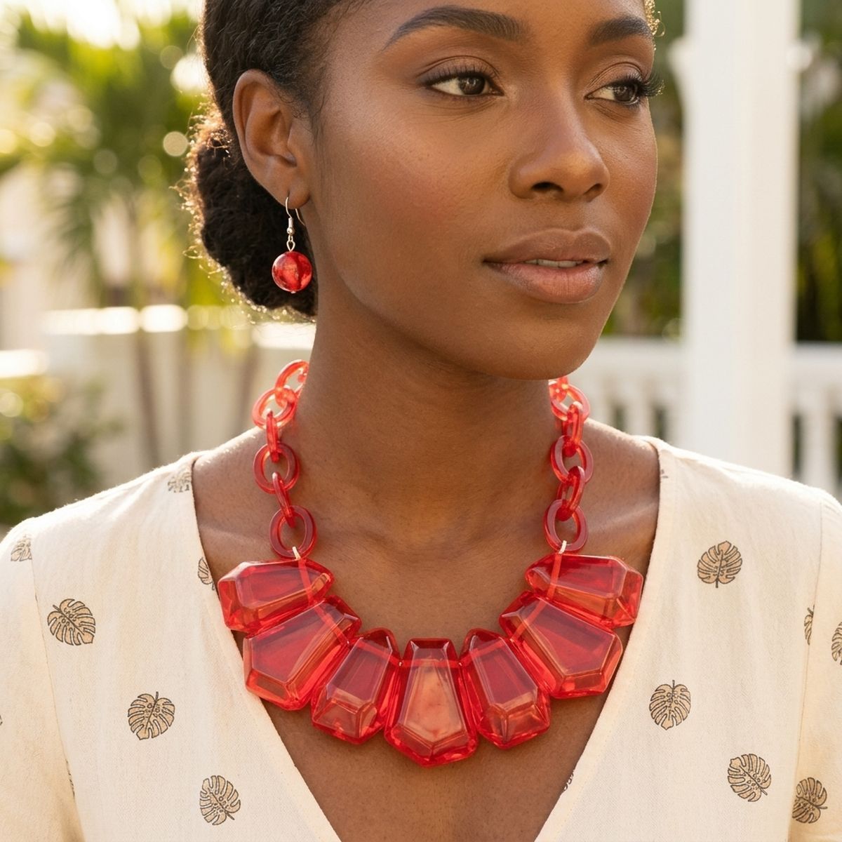 Red Acrylic Bead Chain Link Collar Necklace &amp; Earring Set
