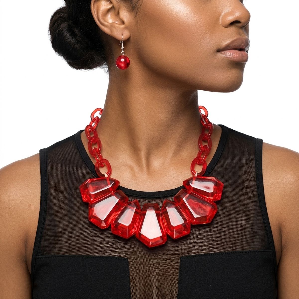 Red Acrylic Bead Chain Link Collar Necklace &amp; Earring Set