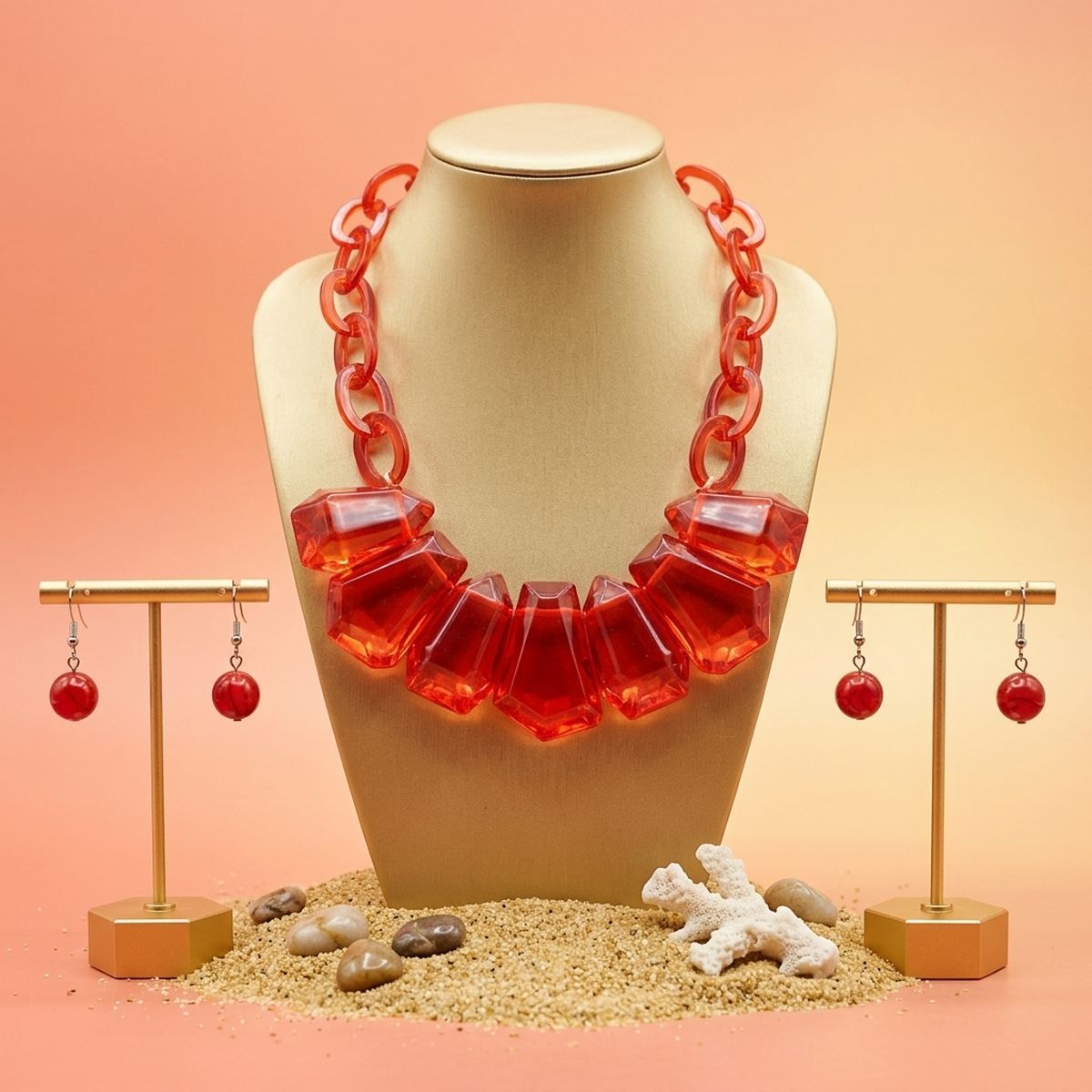 Red Acrylic Bead Chain Link Collar Necklace &amp; Earring Set