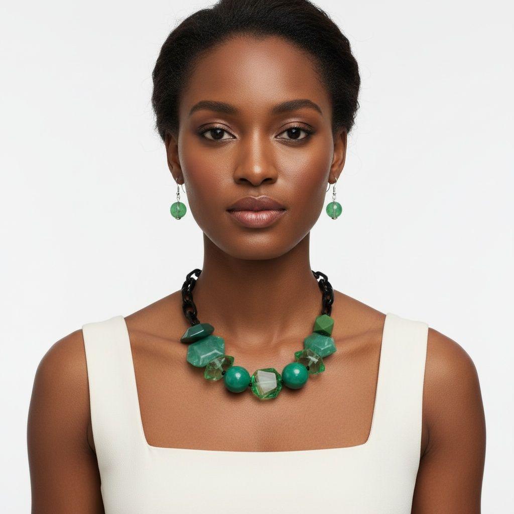 Beaded Green Chunky Mixed Bead Tribal Necklace