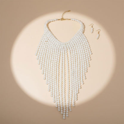 Bib Long Cream Pearl Fringe Choker Necklace