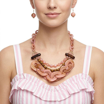 Blush Pink Bib Wood Bead and Link Layer Necklace