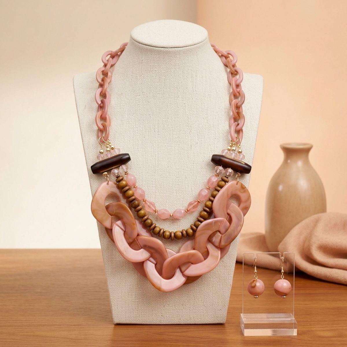 Blush Pink Bib Wood Bead and Link Layer Necklace