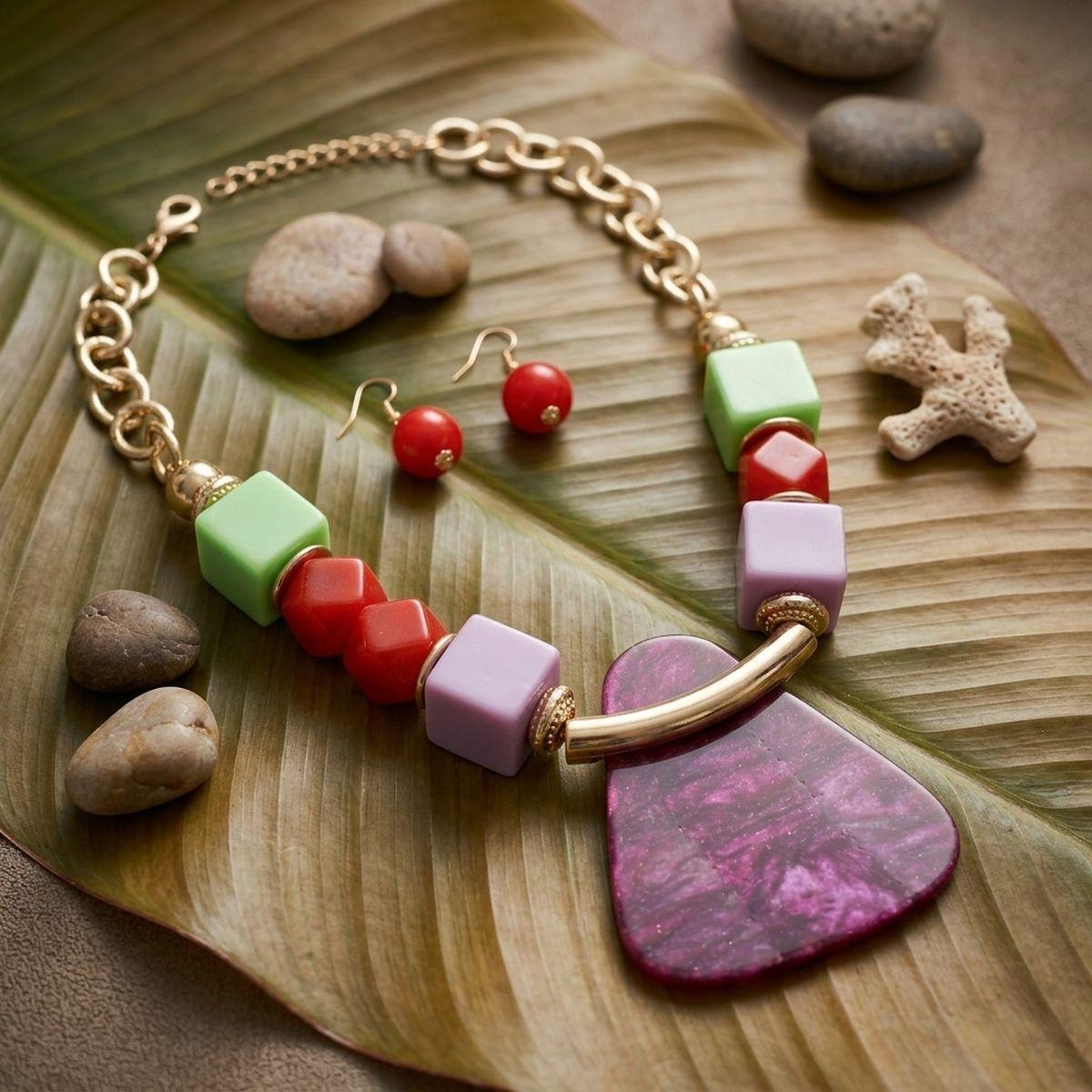 Multi Geometric Pendant Marbled Modern Necklace