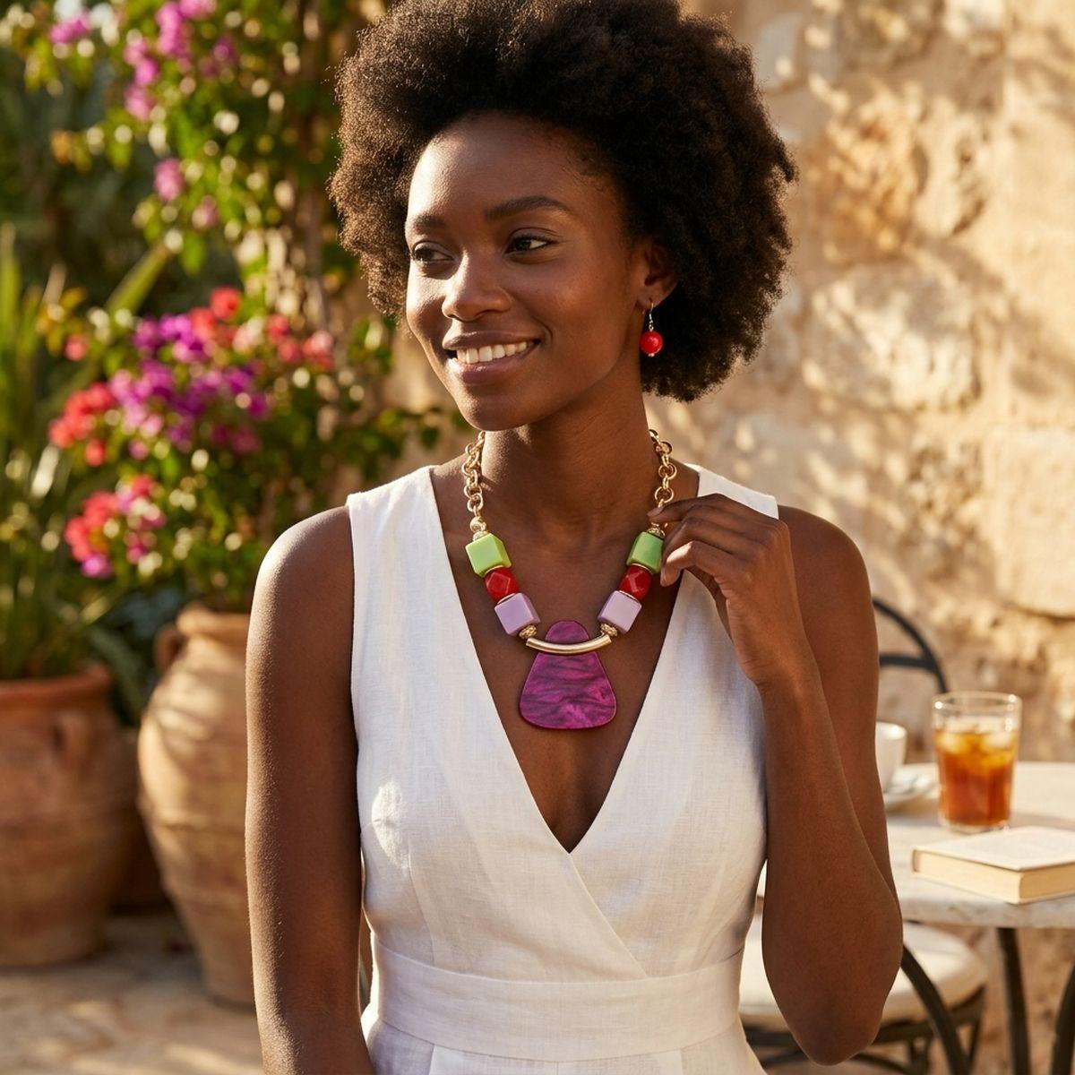 Multi Geometric Pendant Marbled Modern Necklace