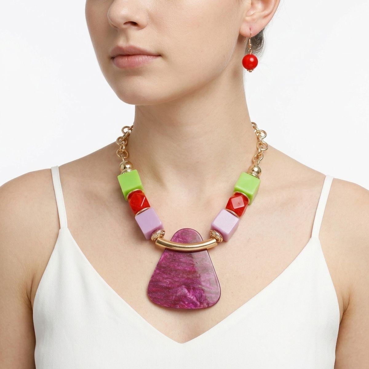 Multi Geometric Pendant Marbled Modern Necklace