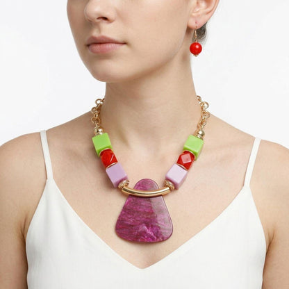 Multi Geometric Pendant Marbled Modern Necklace