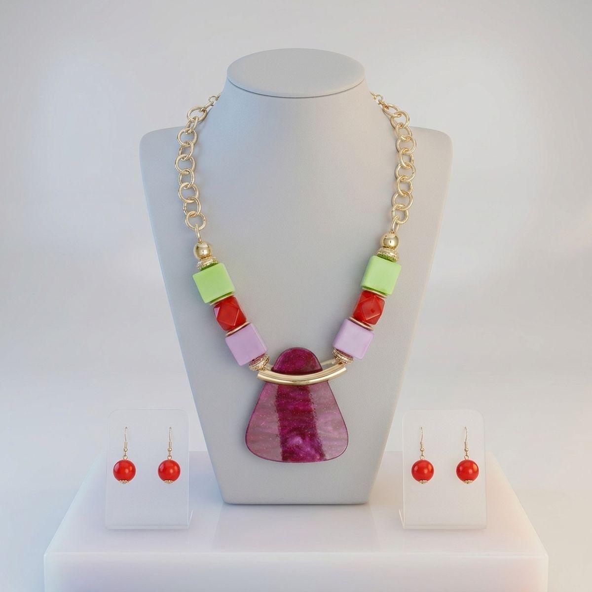 Multi Geometric Pendant Marbled Modern Necklace