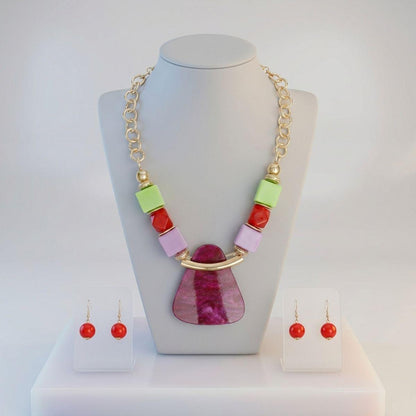 Multi Geometric Pendant Marbled Modern Necklace