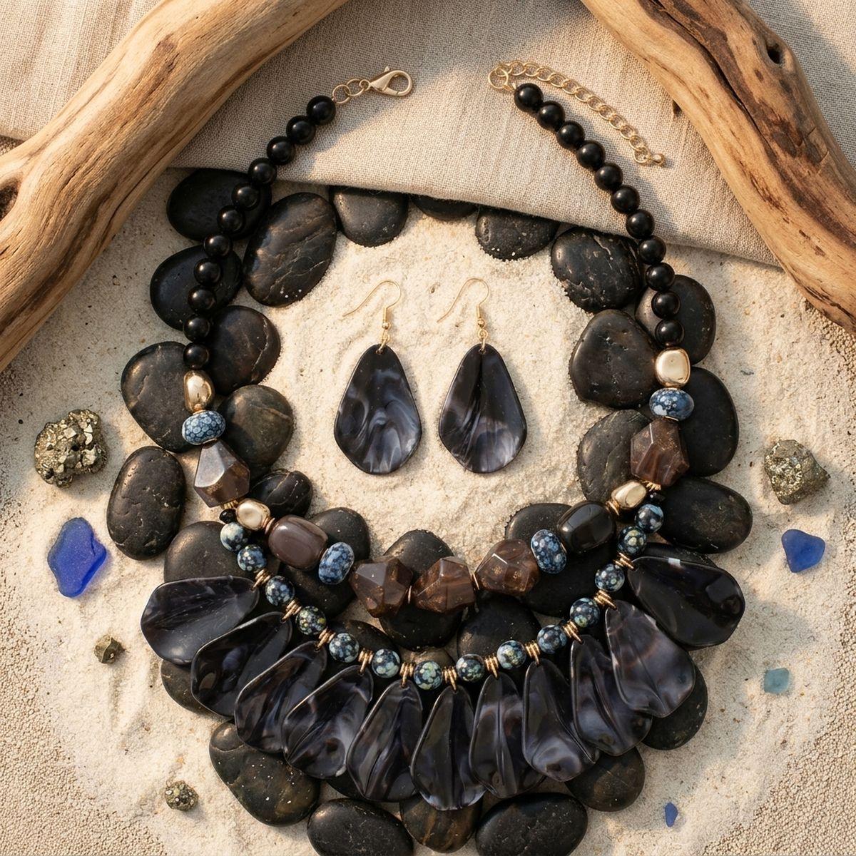 Midnight Marbled Black Teardrop Bead Bib Necklace