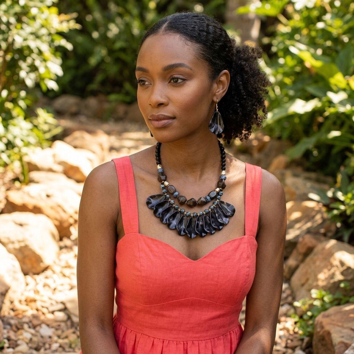Midnight Marbled Black Teardrop Bead Bib Necklace