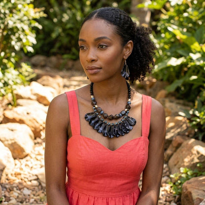 Midnight Marbled Black Teardrop Bead Bib Necklace