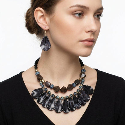Midnight Marbled Black Teardrop Bead Bib Necklace