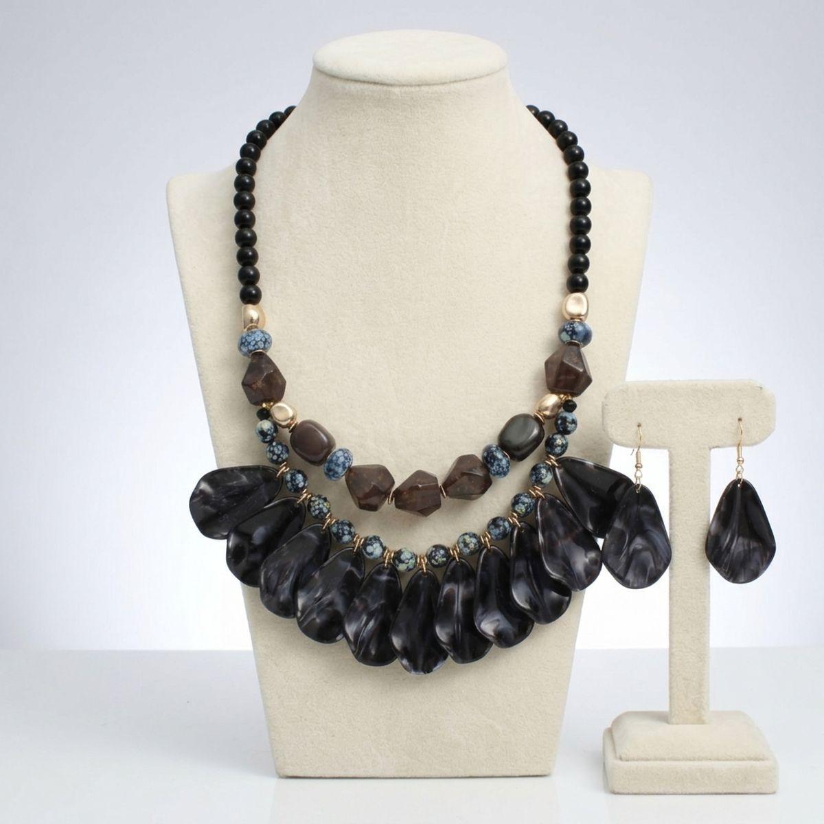Midnight Marbled Black Teardrop Bead Bib Necklace