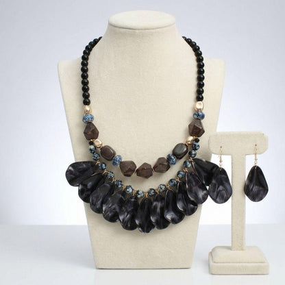Midnight Marbled Black Teardrop Bead Bib Necklace