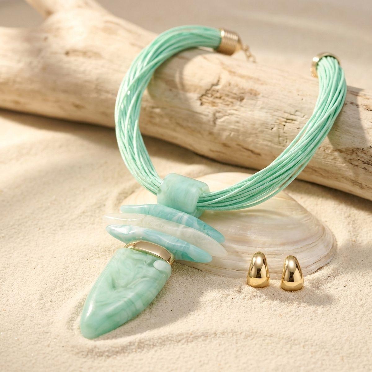 Mint Green Marble Horn Pendant Multi Cord Necklace