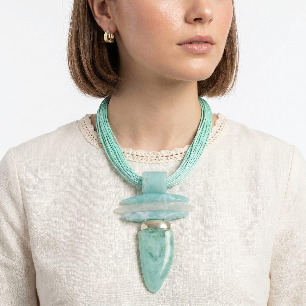 Mint Green Marble Horn Pendant Multi Cord Necklace