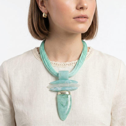 Mint Green Marble Horn Pendant Multi Cord Necklace