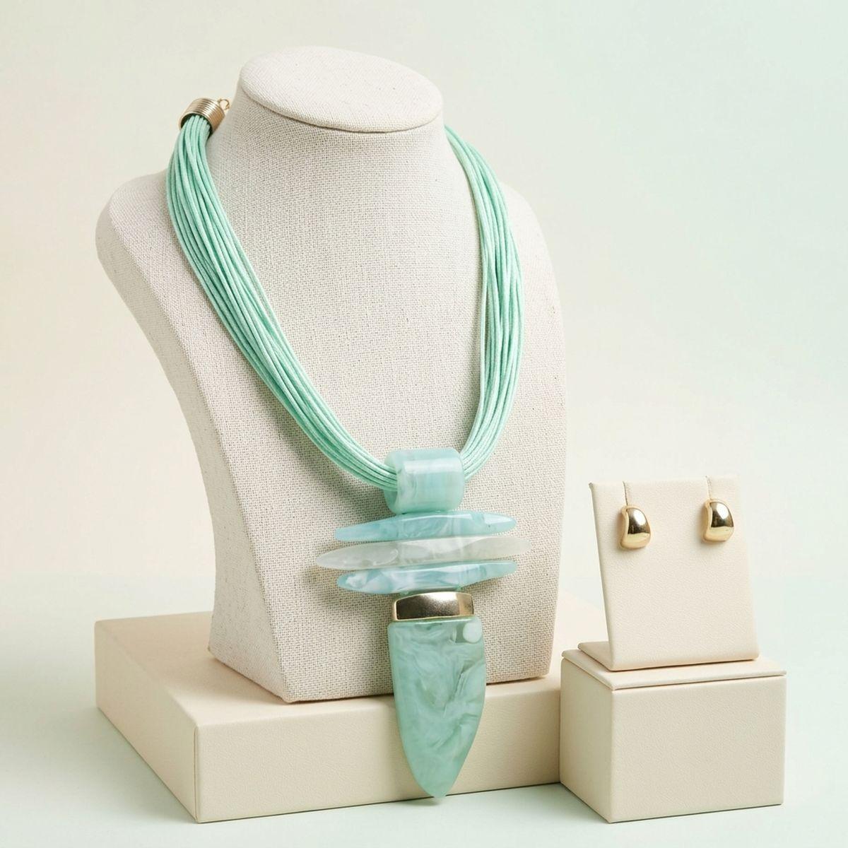 Mint Green Marble Horn Pendant Multi Cord Necklace