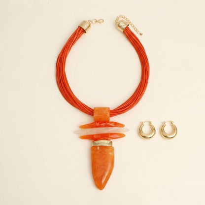Bold Orange  Marbled Horn Pendant Cord Necklace