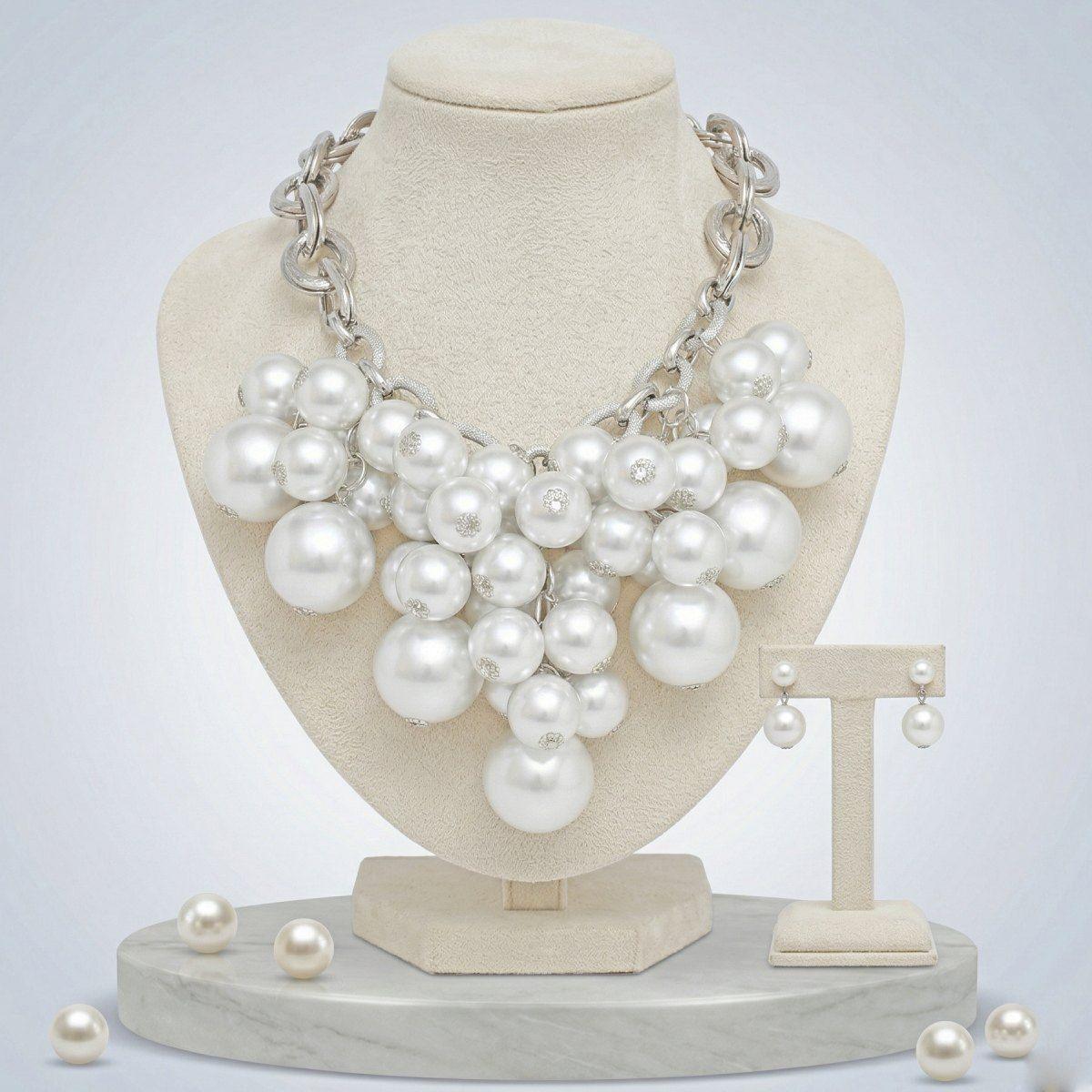 White Pearl Cluster Chunky Bib Necklace &amp; Earring Set