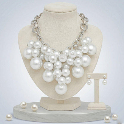White Pearl Cluster Chunky Bib Necklace &amp; Earring Set