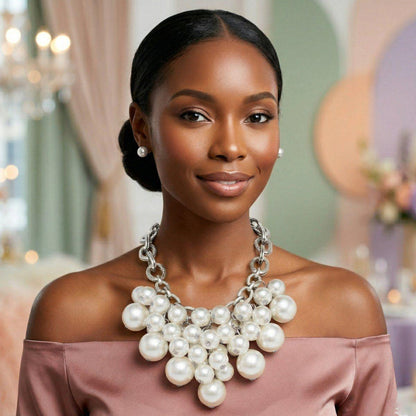 White Pearl Cluster Chunky Bib Necklace &amp; Earring Set
