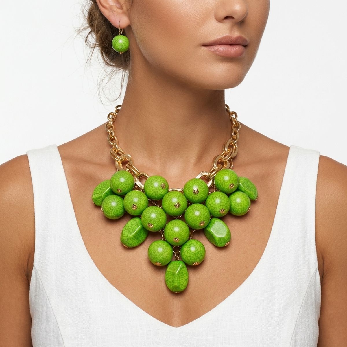 Green Crackle Resin Bead Chainmail Bib Necklace Set