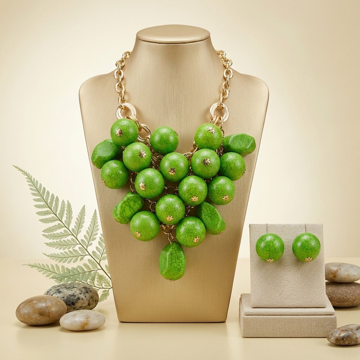 Green Crackle Resin Bead Chainmail Bib Necklace Set