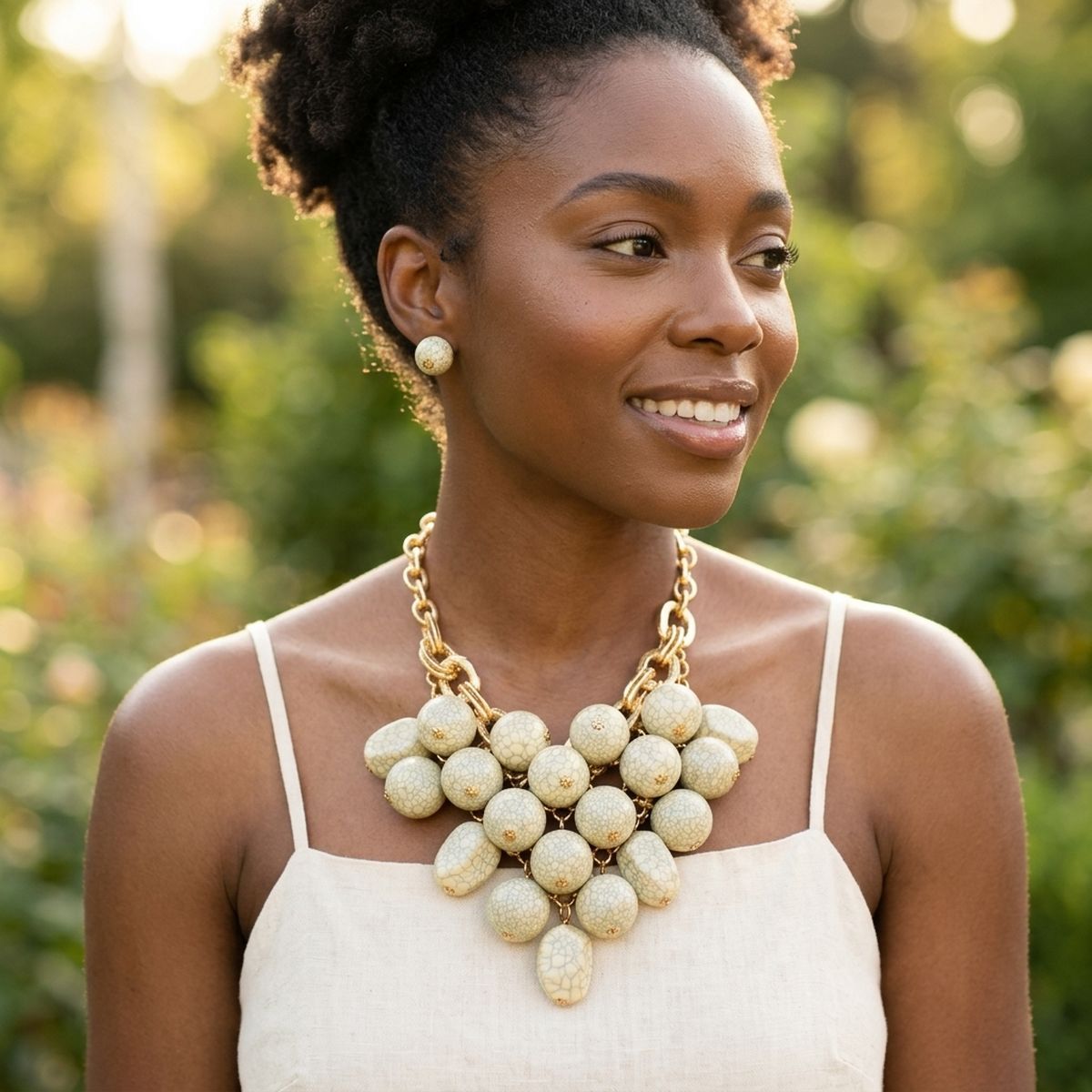 Ivory Crackle Resin Bead Chainmail Bib Necklace Set