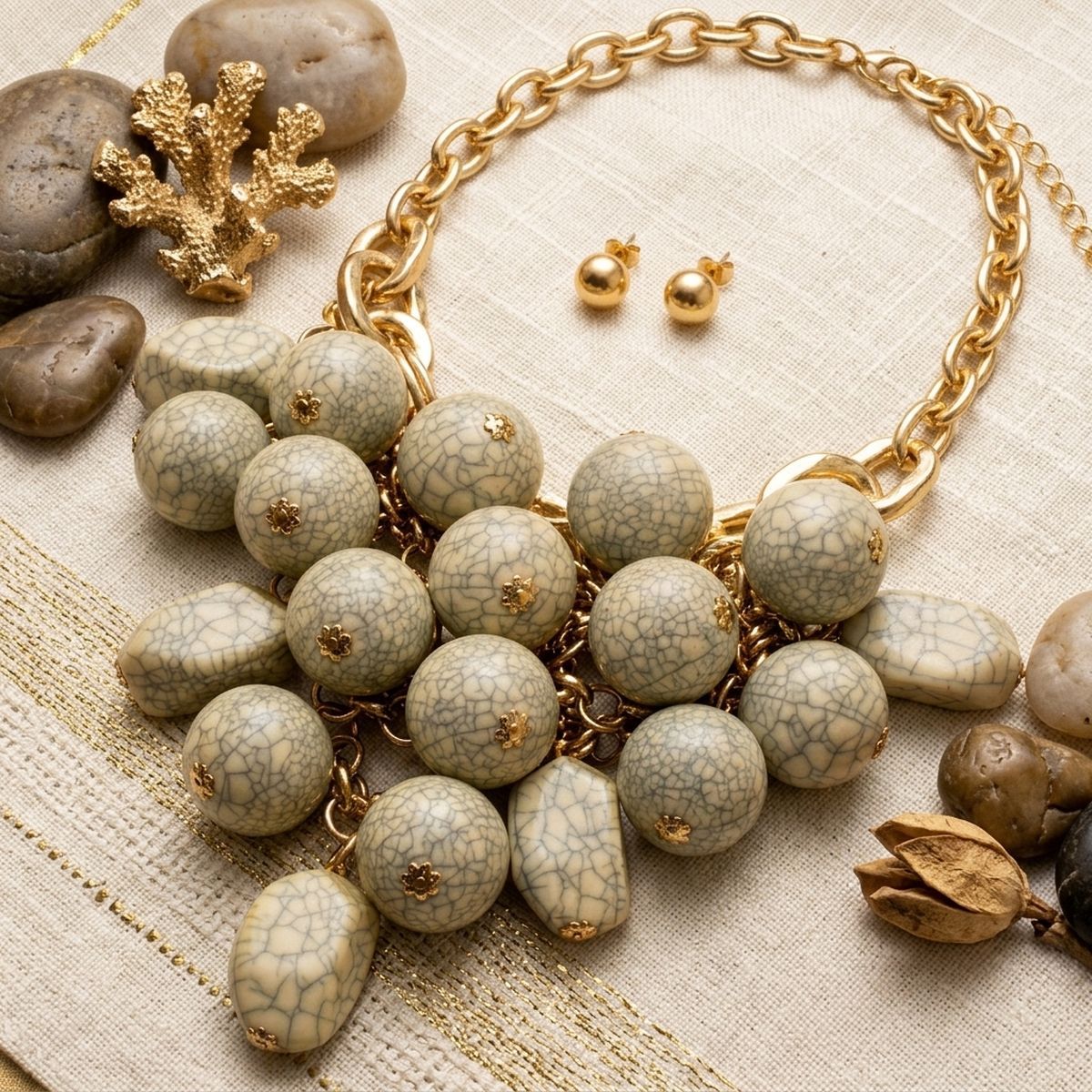 Ivory Crackle Resin Bead Chainmail Bib Necklace Set
