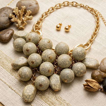 Ivory Crackle Resin Bead Chainmail Bib Necklace Set