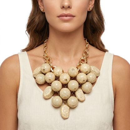 Ivory Crackle Resin Bead Chainmail Bib Necklace Set