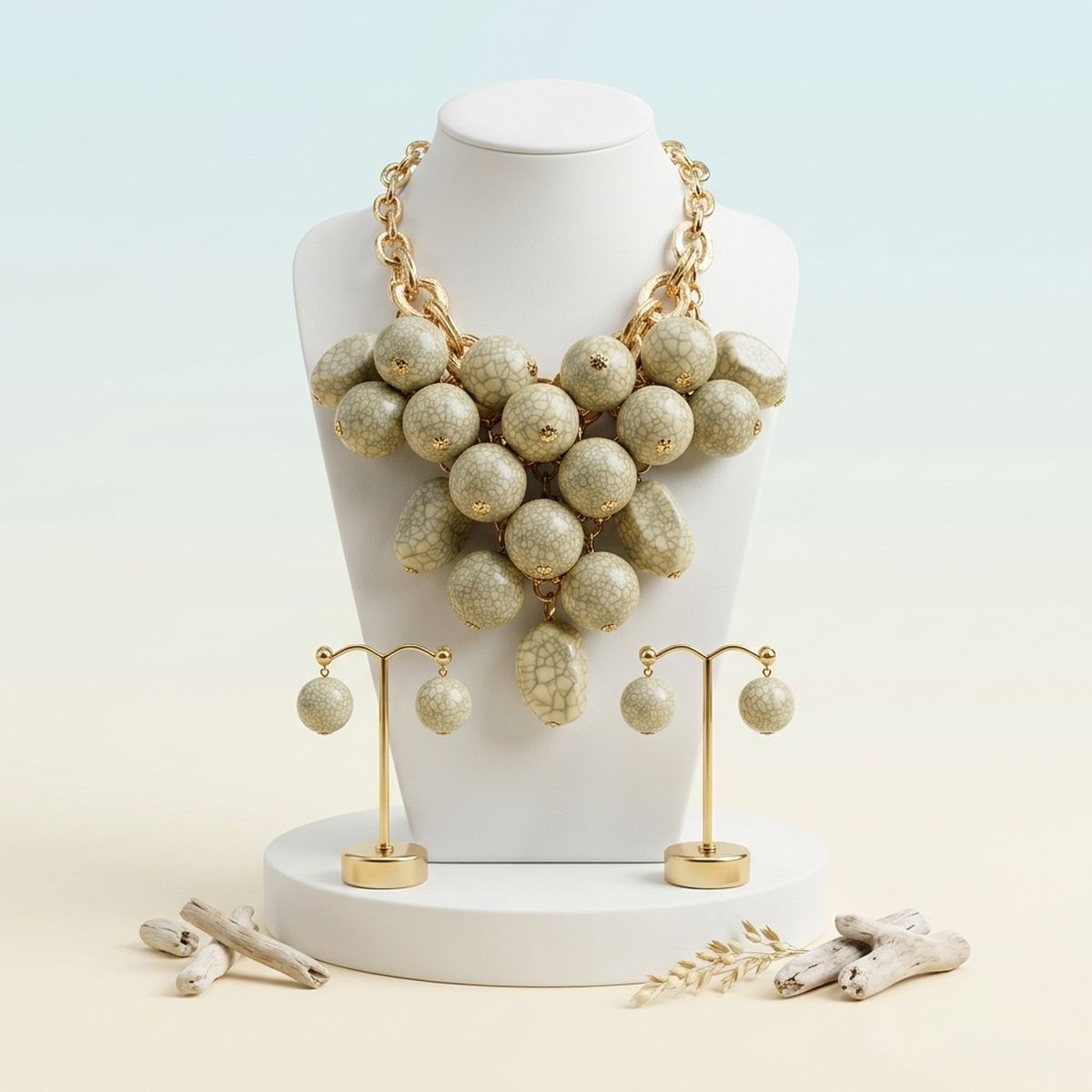 Ivory Crackle Resin Bead Chainmail Bib Necklace Set