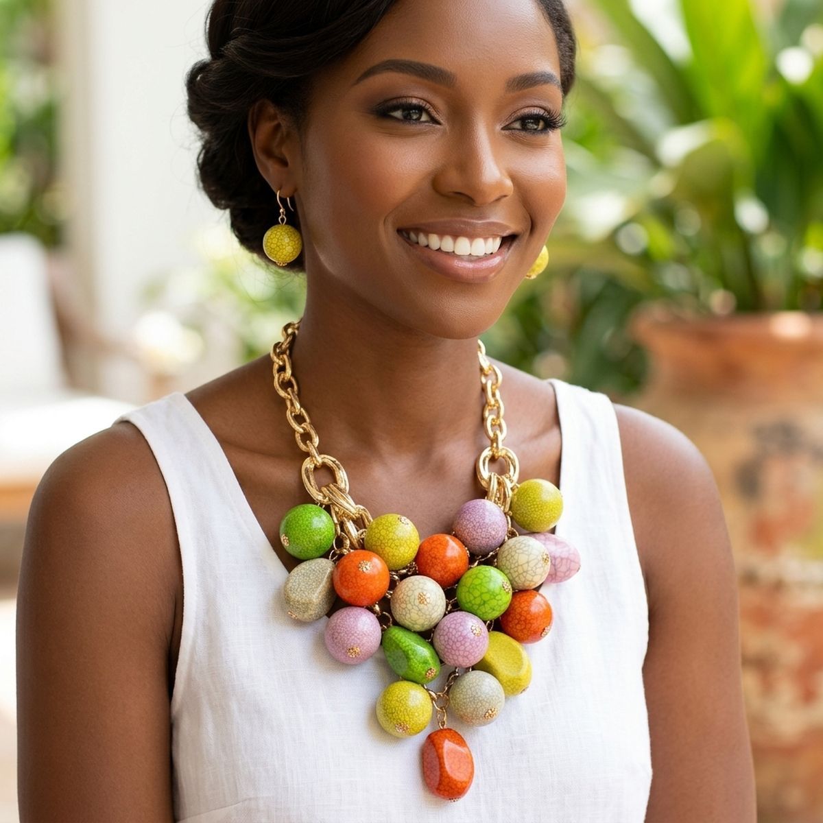 Multicolor Crackle Resin Bead Chainmail Bib Necklace Set
