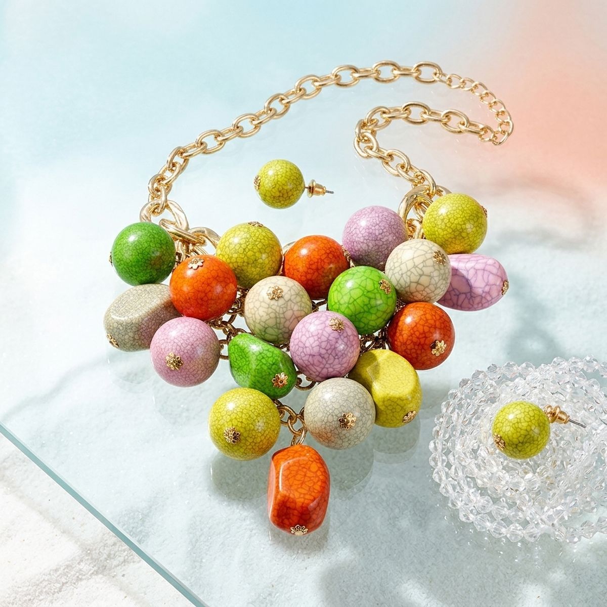 Multicolor Crackle Resin Bead Chainmail Bib Necklace Set