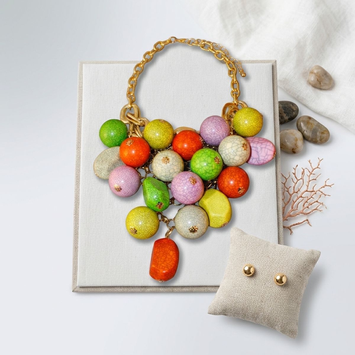 Multicolor Crackle Resin Bead Chainmail Bib Necklace Set