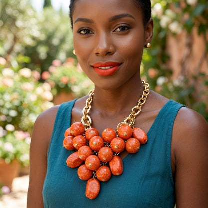 Orange Crackle Resin Bead Chainmail Bib Necklace Set