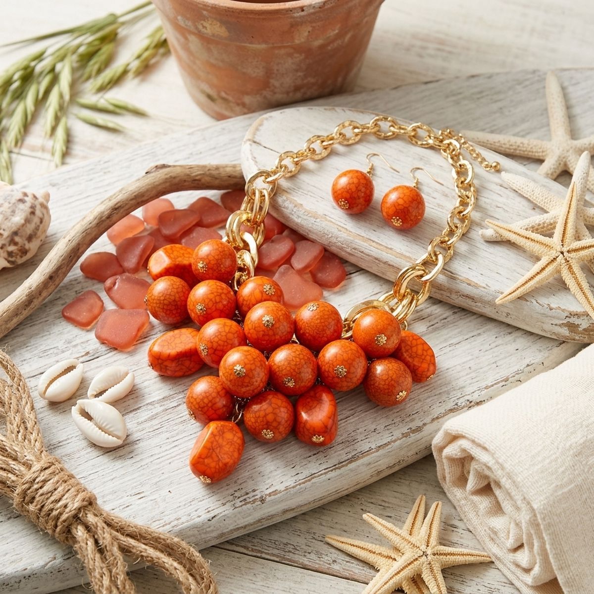 Orange Crackle Resin Bead Chainmail Bib Necklace Set