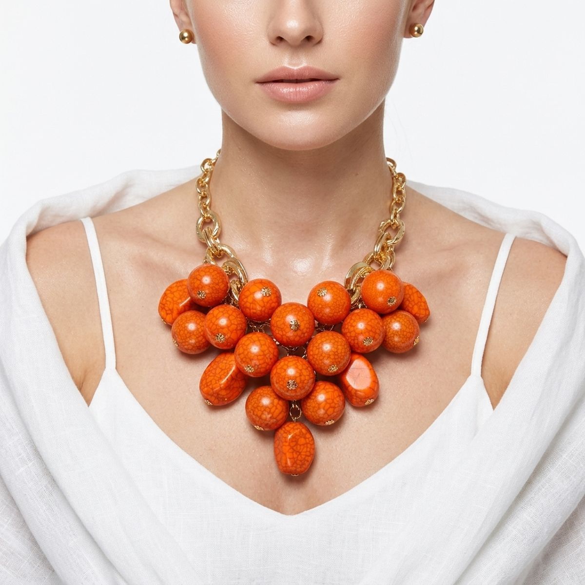 Orange Crackle Resin Bead Chainmail Bib Necklace Set
