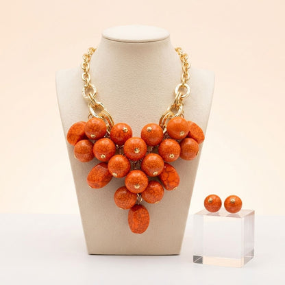 Orange Crackle Resin Bead Chainmail Bib Necklace Set