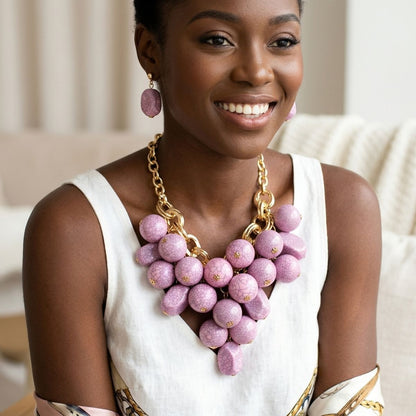 Pink Crackle Resin Bead Chainmail Bib Necklace Set