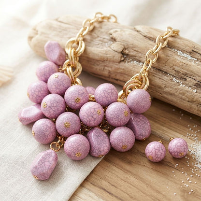 Pink Crackle Resin Bead Chainmail Bib Necklace Set