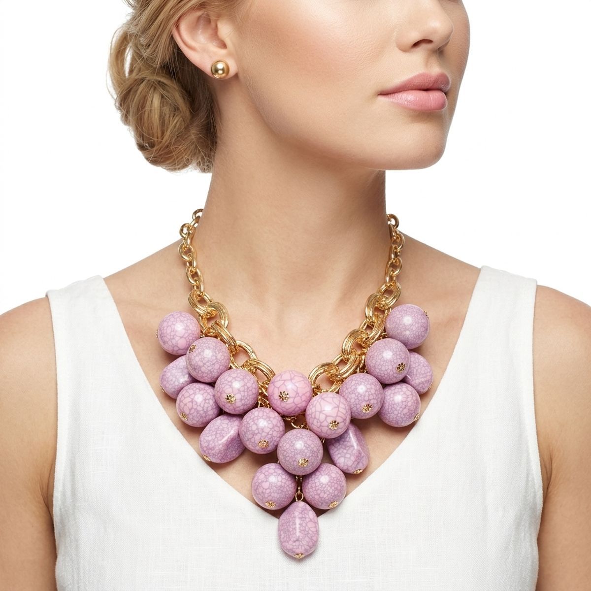 Pink Crackle Resin Bead Chainmail Bib Necklace Set