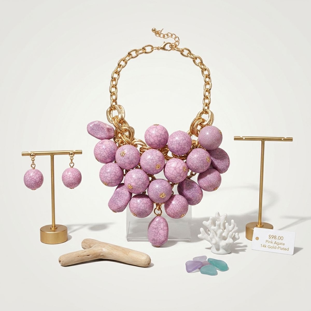 Pink Crackle Resin Bead Chainmail Bib Necklace Set