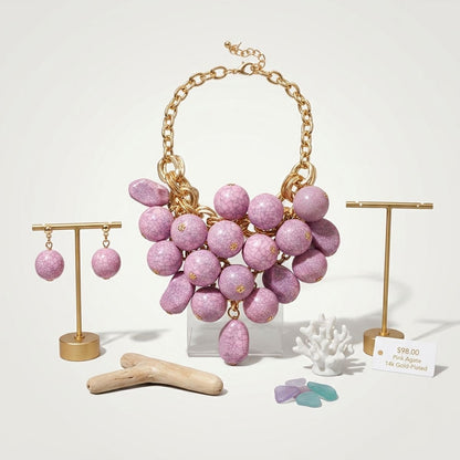Pink Crackle Resin Bead Chainmail Bib Necklace Set