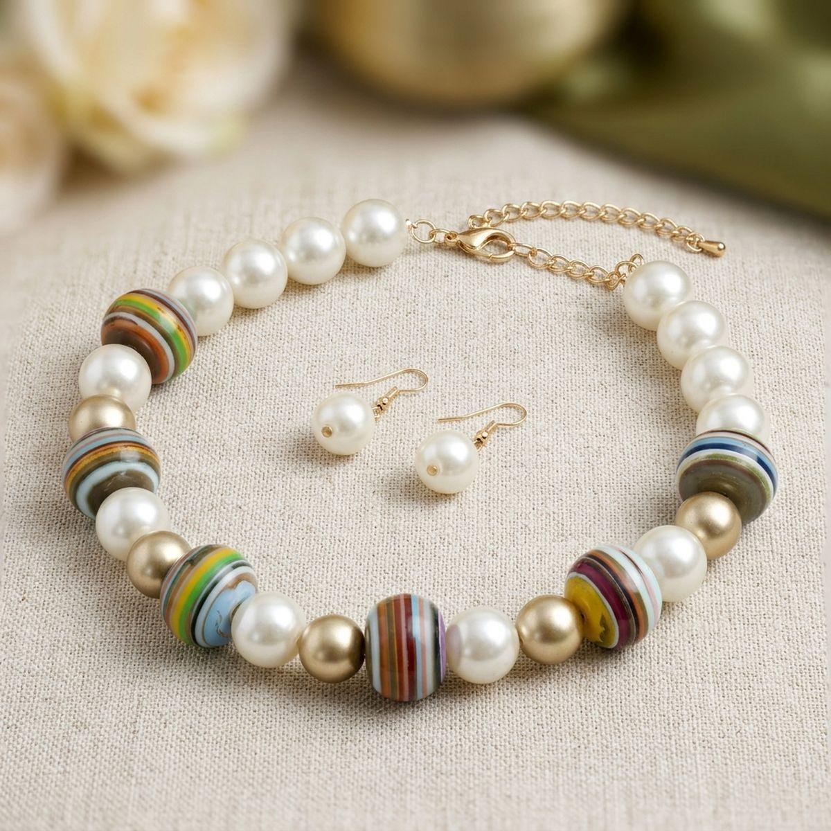 Multicolor Striped Bead Cream 20mm Pearl Necklace