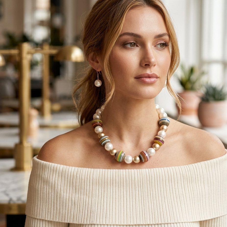 Multicolor Striped Bead Cream 20mm Pearl Necklace
