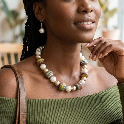 Multicolor Striped Bead Cream 20mm Pearl Necklace